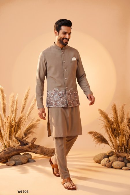 Cream Outluk Wedding Vol 67 Soft Silk Modi Jacket Kurta Pajama W6703